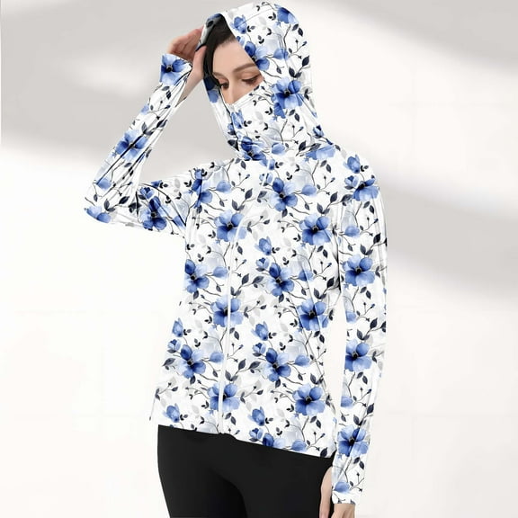 Dazajoo Womens Summer Sun Protection Jackets Fashion Camouflage Printed Long Sleeveles Thumb Hole Hooded Shirts with Mask Limited Time Deal,Multicolor,XL