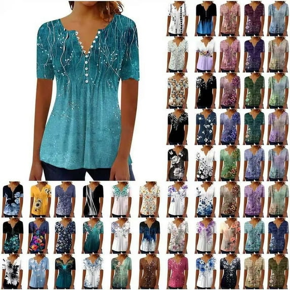 Dazajoo Womens Summer Tops 2025 Casual Short Sleeve V Neck Tshirts Trendy Floral Print Blouses Boho Plus Size Cotton Tee Shirt,Multicolor,XXL