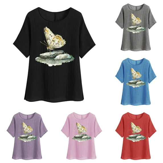 Dazajoo Womens Summer Tops Cotton Linen T-Shirts Cute Butterfly Graphic Tees Short Sleeve Round Neck Blouse,Black,L