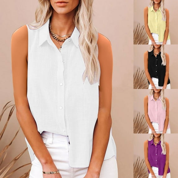 Dazajoo Womens Sleeveless Button Down Shirts 2025 Summer Solid Lapel Linen Blouses Casual Lightweight Gauze Office Basic Tank Tops,Purple,M