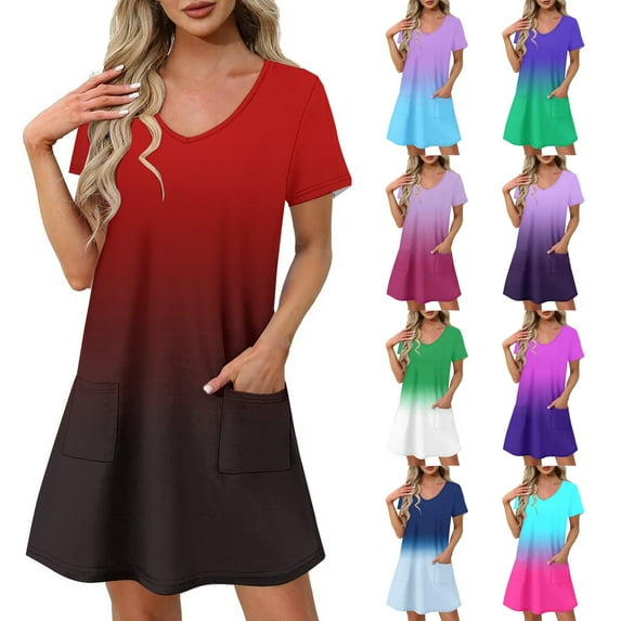 Dazajoo Womens Tie Dye Dresses Vacation Beach A-Line Swing Midi Dresses with Pockets Summer Casual Short Sleeve V Neck Sundress,Purple,M