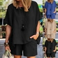 thumbnail image 1 of Dazajoo Womens Two Piece Cotton Linen Sets Short Sleeve Crewneck Shirts Matching Pocket Shorts Summer Casual Solid Color Comfy Lounge Suits,Khaki,S, 1 of 9