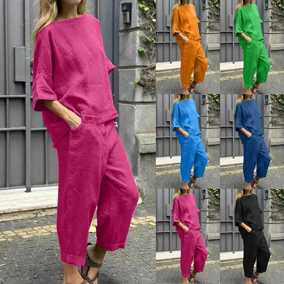 Dazajoo Womens Two Piece Linen Sets 3/4 Sleeve Blouse Top and Capri Pants Sets with Pockets Summer Solid Color Lounge Suits Vacation Sale,Green,XXL