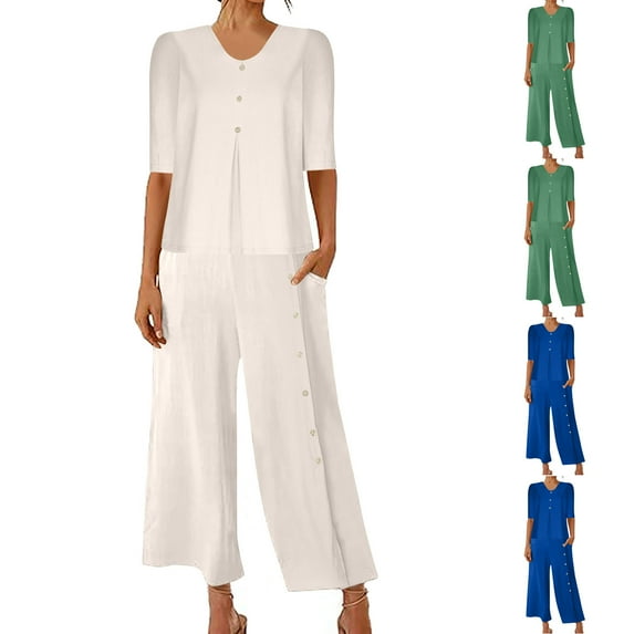 Dazajoo Womens Two Piece Lounge Sets Summer Plus Size Half Sleeve Tops Matching Wide Leg Crop Pants Solid Color Comfy Elegant Suits,Green,S