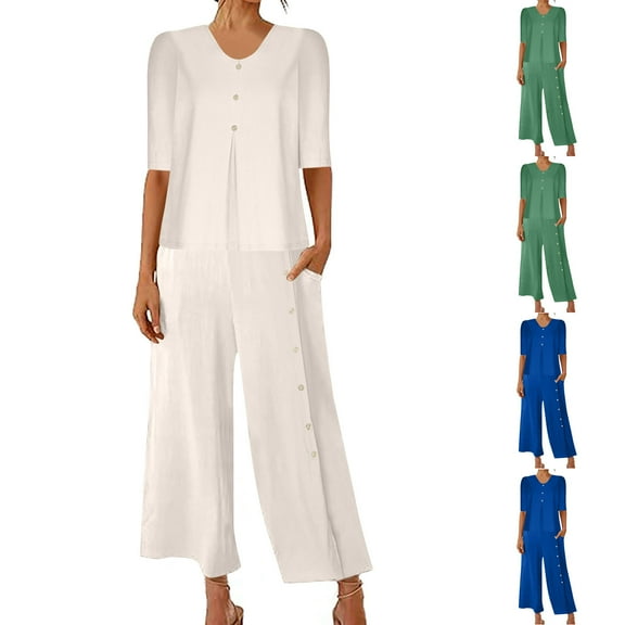 Dazajoo Womens Two Piece Lounge Sets Summer Plus Size Half Sleeve Tops Matching Wide Leg Crop Pants Solid Color Comfy Elegant Suits,Green,S