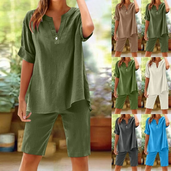 Dazajoo Womens Two Piece Sets Summer Dressy Casual Button V Neck Short Sleeve Tops Matching Bermuda Shorts Set Solid Color Lounge Suits Weekly Sale,Beige,XL