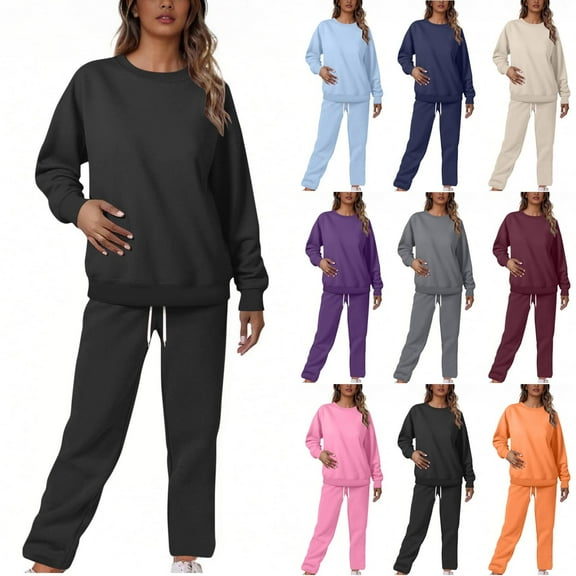 Dazajoo Womens Two Piece Sweatsuit Set Long Sleeve Round Neck Pullover and Drawstring Jogger Pants with Pockets Basic Solid Color Tracksuit Sets,Navy,L