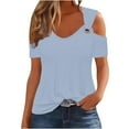 thumbnail image 1 of Dazajoo Womens V Neck Cold Shoulder Summer Shirts 2024 Summer Dressy Casual Solid Color Tops Women's Baggy Fashion Short Sleeve Tshirts Trendy Hollow O Ring Strap Blouses,Light Blue,M, 1 of 7