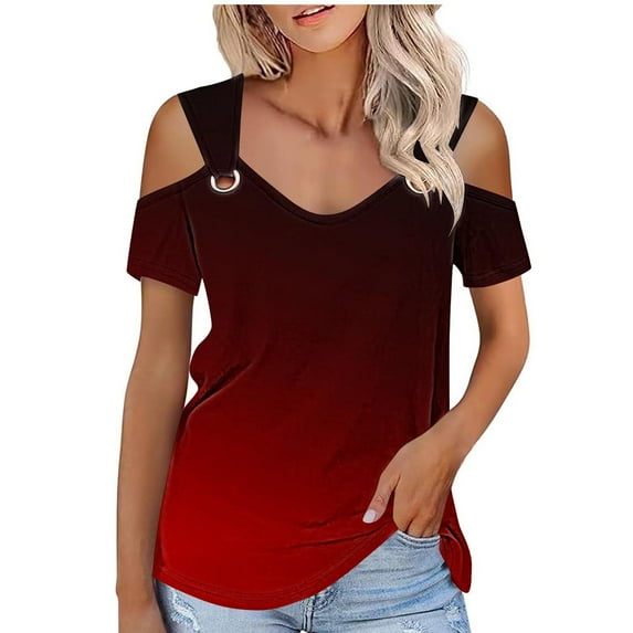 Dazajoo Womens V Neck Cold Shoulder Tops Gradient Short Sleeve Casual Shirts for Women 2024 Summer Dressy Trendy O Ring Strap Loose Fit Tunics Tees,Wine,XXL