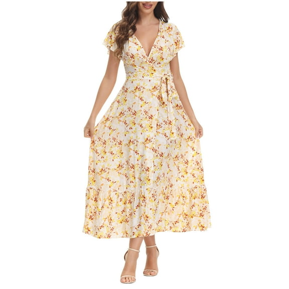Dazajoo Womens V Neck Floral Dress Summer Short Sleeve Elegant Dresses Pleated Slit Long Dress with Belt,Yellow,S
