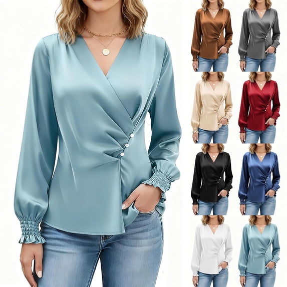 Dazajoo Womens V Neck Pleated Long Sleeve Shirts Solid Color Satin Silk Blouses Dressy Work Tops Business Casual Outfits,Coffee,M