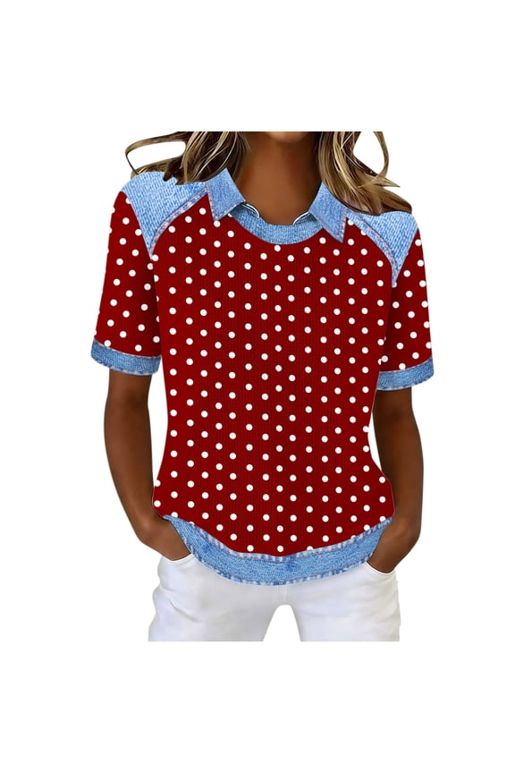 Womens Waffle Knit Top Short Sleeve Polka Dot Graphic Shirts Casual Denim Lapel Pullover Tops,Wine,XXL