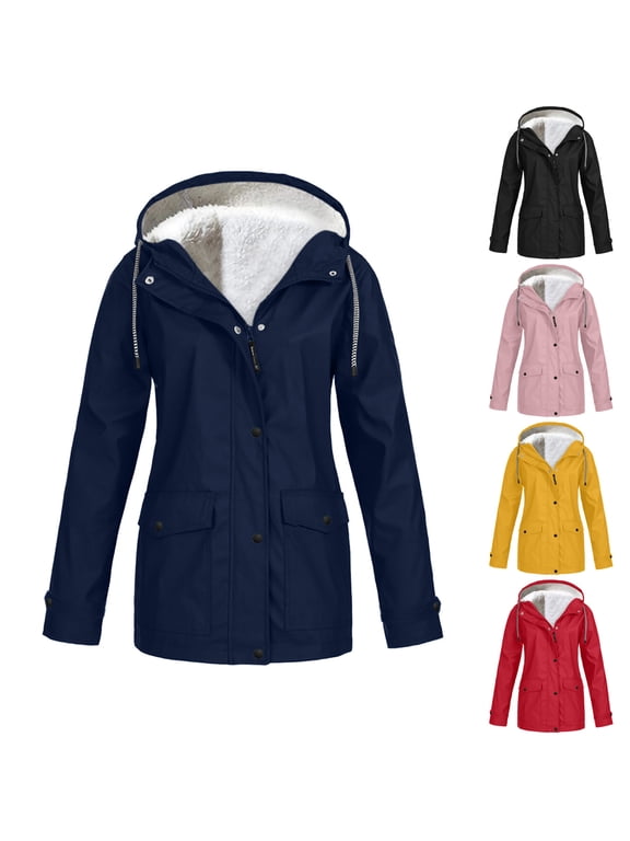 Womens Waterproof Rain Jacket Fleece Lined Lightweight Hooded Rain Jacket Winter Windbreaker Jackets,Army Green,S