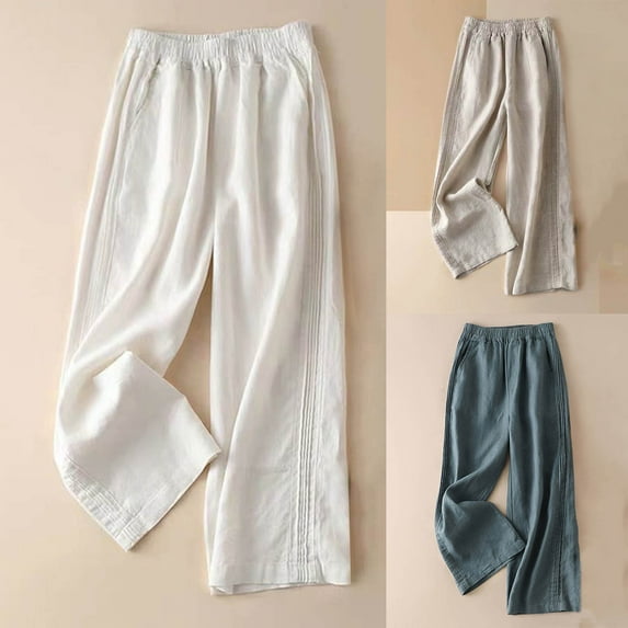 Dazajoo Womens Wide Leg Elastic Waist Pants with Pockets Plus Size Cotton Linen Solid Color Pants 2024 Summer Baggy Lightweight Trousers for Women Flash Deals Today,Beige,XL