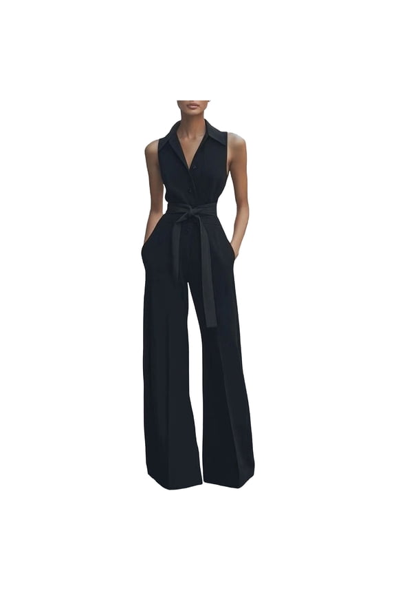 Womens Wide Leg Jumpsuits with Pockets Dressy Sleeveless Button Down Lapel Rompers Business Casual Office Work Elegant Overalls,Black,M