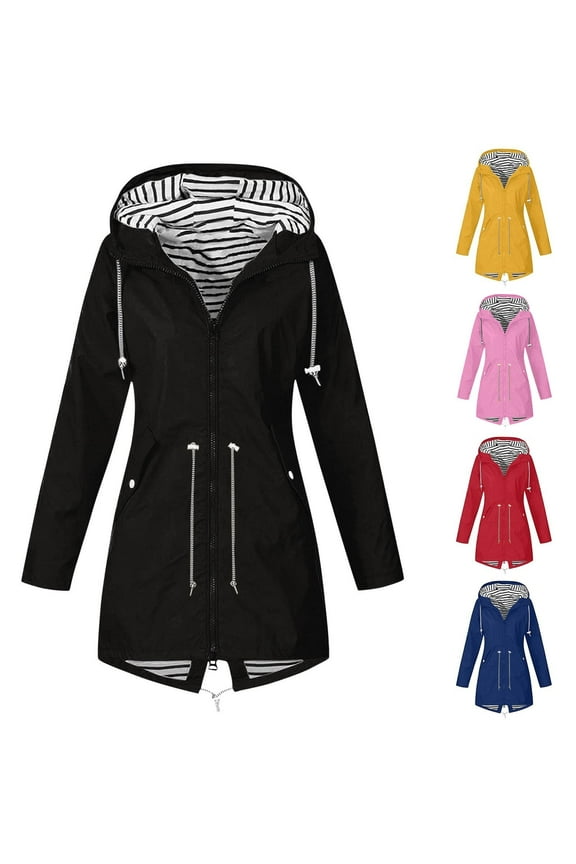Womens Windbreaker Jacket with Hood Striped Lined Waterproof Raincoats Outdoor Travel Hooded Jacket with Pockets,Red,L