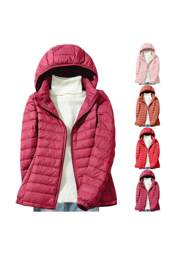Womens Winter Down Jacket Plus Size Lightweight Packable Puffer Coats Warm Hooded Windbreaker,Watermelon Red,L