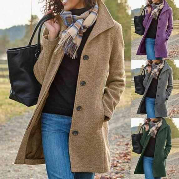 Dazajoo Womens Wool Coat Trench Long Sleeve Button Down Peacoat with Pockets Stand Collar Winter Overcoat,Green,L