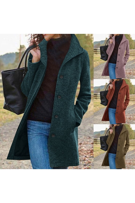 Womens Wool Coat Trench Long Sleeve Button Down Peacoat with Pockets Stand Collar Winter Overcoat,Navy,L