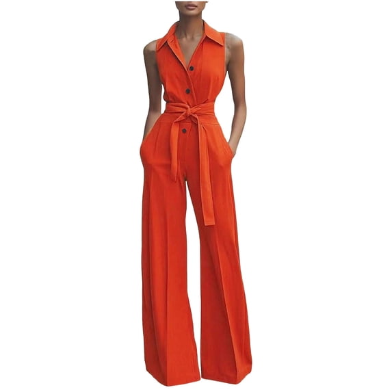 Dazajoo Womens Work Jumpsuits Business Casual Sleeveless Button Down Lapel Overalls with Pockets & Belt Dressy Office Elegant Wide Leg Rompers,Orange,XL