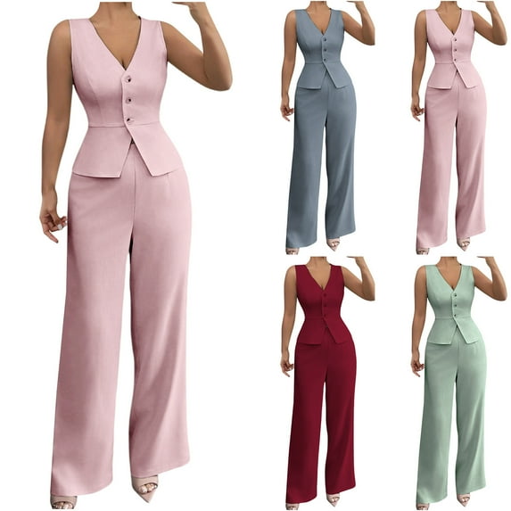 Dazajoo Work Matching Sets for Women Office Sleeveless Button Blazer and High Waisted Wide Leg Pants Sets Business Casual Outfits Mint Green,M