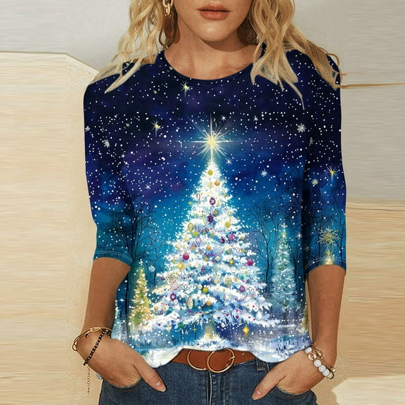 Dazajoo Xmas Shirts for Women Plus Size 3/4 Length Sleeve Round Neck Graphic Tees Christmas Tree Print Cute Tops,Multicolor,M