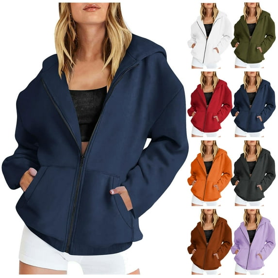 Dazajoo Zip Up Hoodies for Women Solid Color Hooded Sweatshirt with Pockets,Dark Gray,L