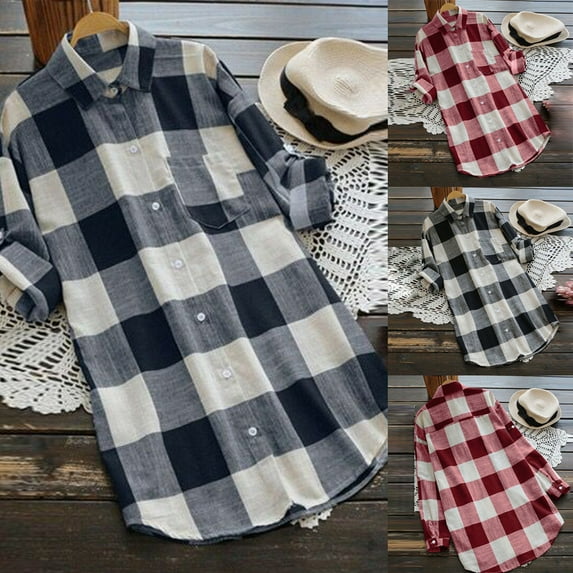 Dazajooo Womens Plaid Long Sleeve Shirts Plus Size Button Down Roll Up Sleeve Tunic Tops 2024 Fall Casual Lapel Neck Flowy Hem T-Shirt for Women Today's Deals,Red,XXXXXL