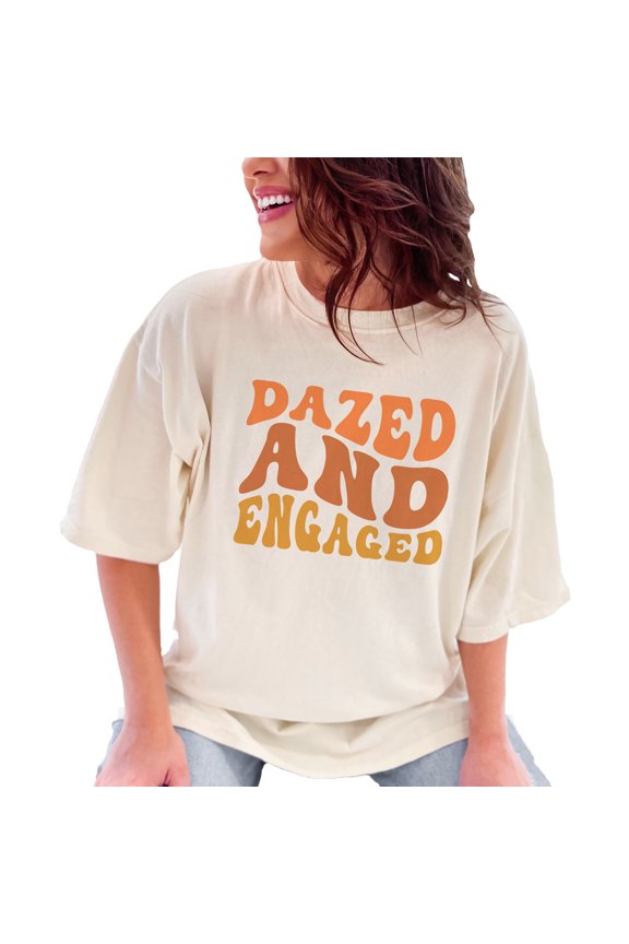 Dazed and Engaged, Engagement, Marriage, Fiance or Fiancee Quote, Groovy Retro Wavy Text, Ivory Comfort Colors T-Shirt, XL