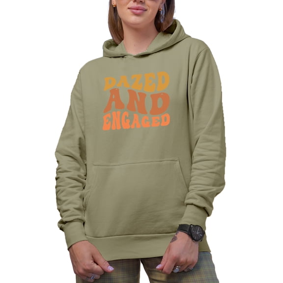 Dazed and Engaged, Engagement, Wedding or Marriage Quote, Groovy Retro Wavy Text Merch Gift, Sand Hooded Sweatshirt or Hoodie, XL