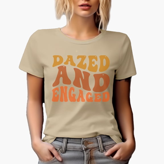 Dazed and Engaged, Engagement, Wedding or Marriage Quote, Groovy Retro Wavy Text Merch Gift, Tan T-Shirt, 2XL