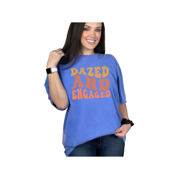 Dazed and Engaged, Engagement or Marriage Themed, Groovy Retro Wavy Text, Flo Blue Comfort Colors T-Shirt, Large