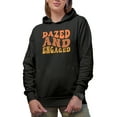 thumbnail image 1 of Dazed and Engaged, Marriage or Engagement Themed, Groovy Retro Wavy Text Merch Gift, Black Hooded Sweatshirt or Hoodie, Small, 1 of 5