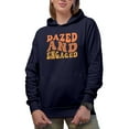 thumbnail image 1 of Dazed and Engaged, Marriage or Engagement Themed, Groovy Retro Wavy Text Merch Gift, Navy Blue Hooded Sweatshirt or Hoodie, Medium, 1 of 5