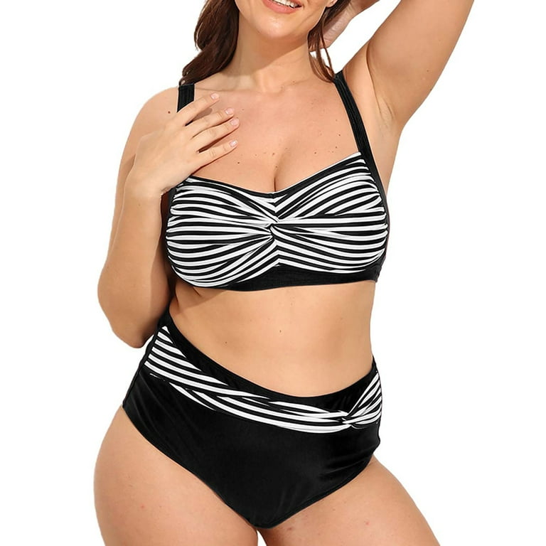 Daznico 2023 Split Bikini Stripe Print Two Piece Bikini Set High Waist V  Neck Sleeveless Swimsuit Women Bathing Suit Plus Size Swimsuit for Women