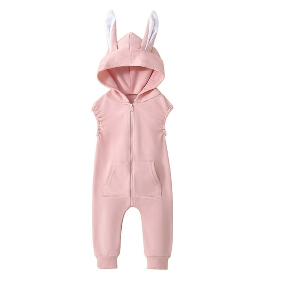 Daznico Baby Girl Outfit Bunny Ear Romper Zipper Hooded Bodysuit Sleeveless Jumpsuit,0-6 Months