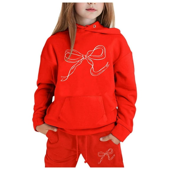 Daznico Boys Girls Long Sleeve Solid Warm Bow Print Hoodie Pullover Tops Pants Kids Outfits Sweat Suit,7-8 Years