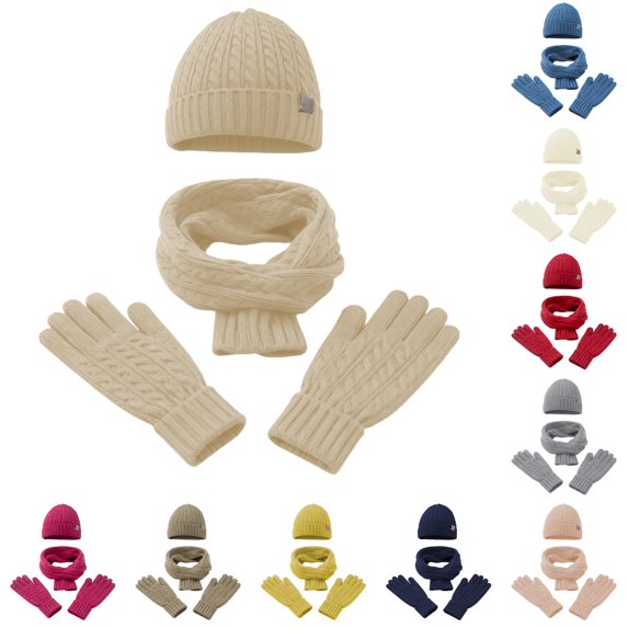 Daznico Cable Knit Beanie Hat Scarf Gloves 3-Piece Set Soft Thermal Cozy Winter Accessories for Cold Weather Daily Outdoor Wear