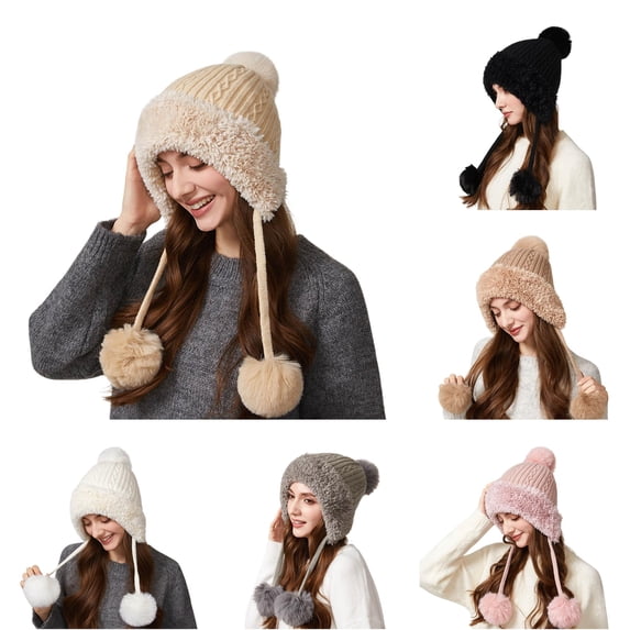 Daznico Cable Knit Ear Flap Beanie with Triple Pom Pom Ties Lined Thermal Windproof Winter Hat Ear Protection Accessories for Ladies Outdoor Activities in Cold Weather