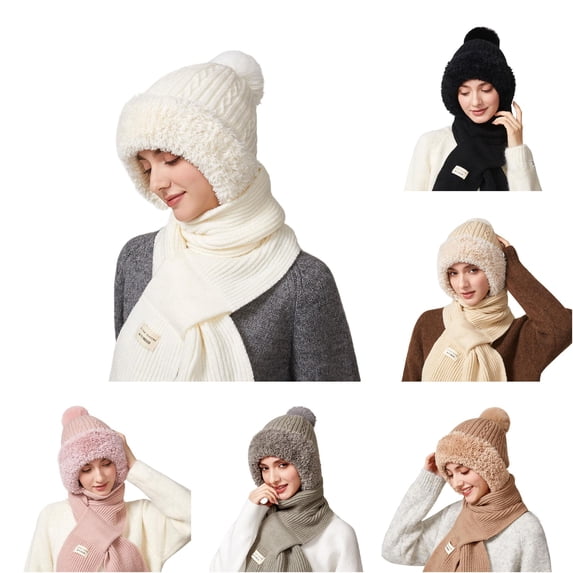 Daznico Cable Knit Lined Ear Flap Beanie and Ribbed Knit Long Scarf 2 Piece Set Thermal Winter Accessories for Ladies Daily Outdoor Activities in Cold Weather
