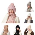thumbnail image 1 of Daznico Cable Knit Pom Pom Ear Flap Beanie and Ribbed Knit Long Scarf 2 Piece Set Lined Thermal Winter Accessories for Ladies Outdoor Activities in Cold Weather, 1 of 5