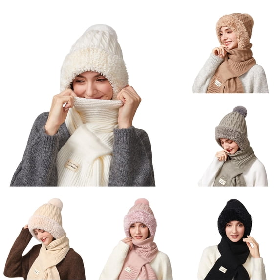 Daznico Cable Knit Pom Pom Ear Flap Beanie and Ribbed Knit Long Scarf 2 Piece Set Fleece Lined Thermal Winter Accessories for Ladies Outdoor Activities in Cold Weather