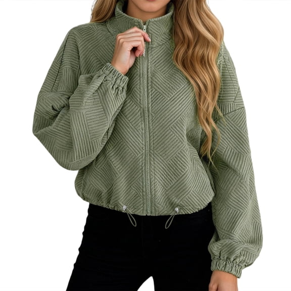 Daznico Casual Stand Collar Zip Up Baseball Jacket Outerwear with Drawstring Hem and Side Pockets Loose Fit Long Sleeve Coat for Winter Comfort Wear,M