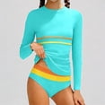 thumbnail image 1 of Daznico Color Stripe Girls Long Sleeve Rash Guard Swimsuit, Slim Fit Bathing Suit with Striped Bikini Bottoms,13-14 Years, 1 of 5
