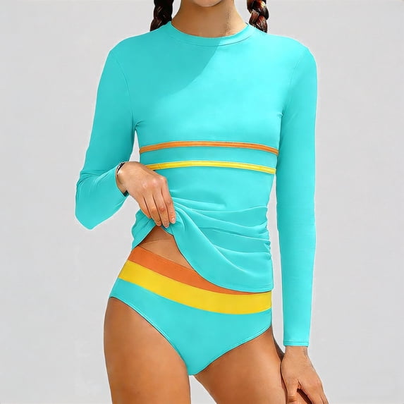 Daznico Color Stripe Girls Long Sleeve Rash Guard Swimsuit, Slim Fit Bathing Suit with Striped Bikini Bottoms,13-14 Years