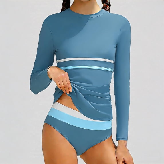 Daznico Color Stripe Girls Long Sleeve Rash Guard Swimsuit, Slim Fit Bathing Suit with Striped Bikini Bottoms,15-16 Years