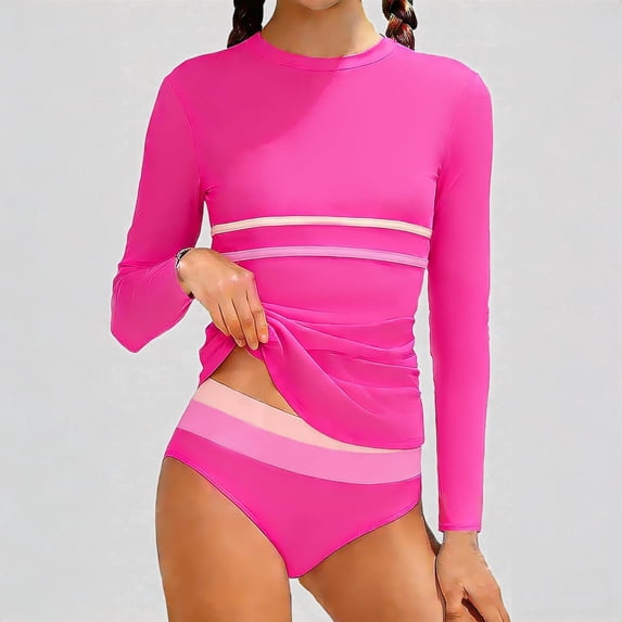 Daznico Color Stripe Girls Long Sleeve Rash Guard Swimsuit, Slim Fit Bathing Suit with Striped Bikini Bottoms,9-10 Years