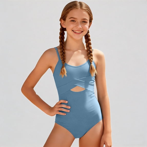 Daznico Crossover Cutout Girls One Piece Swimsuit, Adjustable Strap Removable Padding Bathing Suit for ,13-14Y