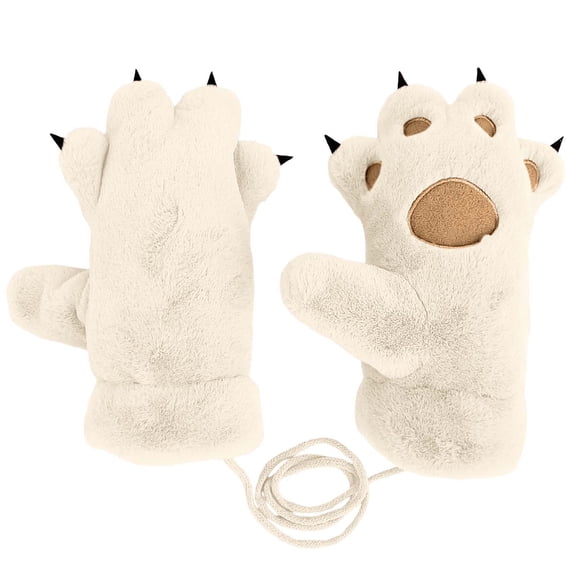 Daznico Cute Bear Plush Mittens Soft Lined Windproof Warm Winter Gloves with Detachable Neck Strap for Students Cycling and Daily Cold Weather Outdoor Wear