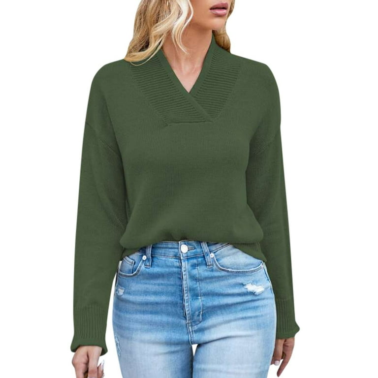 Daznico Cute Sweaters Knitted Sweater Autumn and Winter Simple Casual V Neck Sweater for Women Light Sweater Color Green Size 2XL Walmart